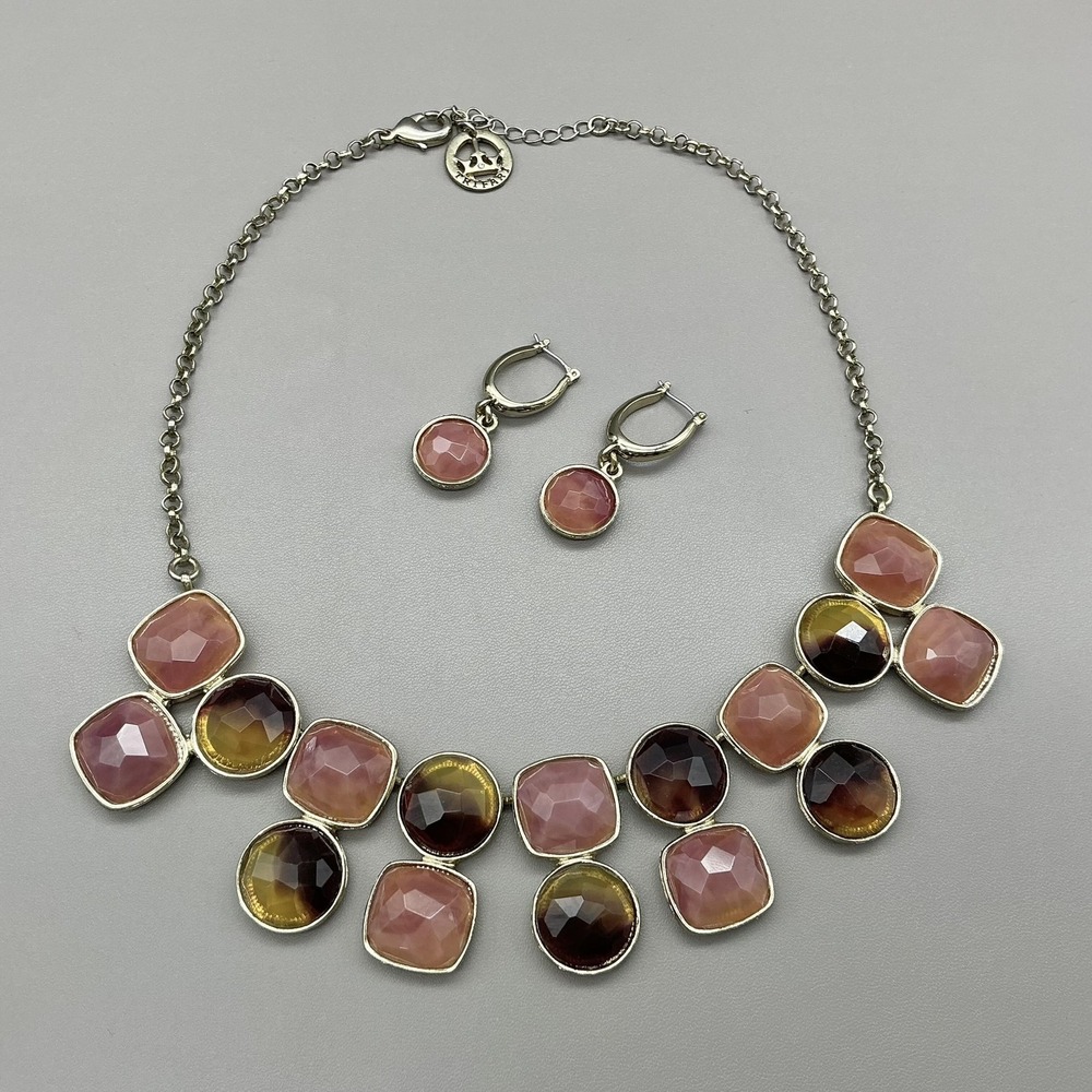 Trifari Necklace Earrings Set Multicolor Faceted Stone Silver Tone Bib Jewelry